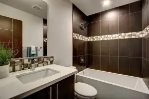 Espresso large-format porcelain tile tub surround with glass-mosaic accent, bathroom