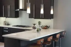 Dark espresso hardwood plank floor, modern kitchen