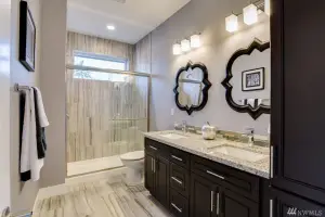 Gray marble-look porcelain tile floor, bathroom