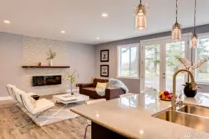 Light wire-brushed oak plank floor, living room and kitchen