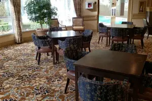 Floral patterned commercial carpet, senior-living dining room