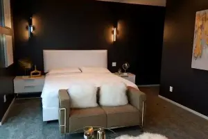 Plush gray wall-to-wall carpet, bedroom