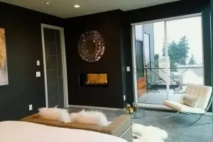 Soft gray cut-pile carpet, bedroom sitting area