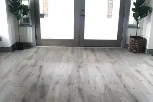 Gray weathered wide-plank wood-look floor, entry